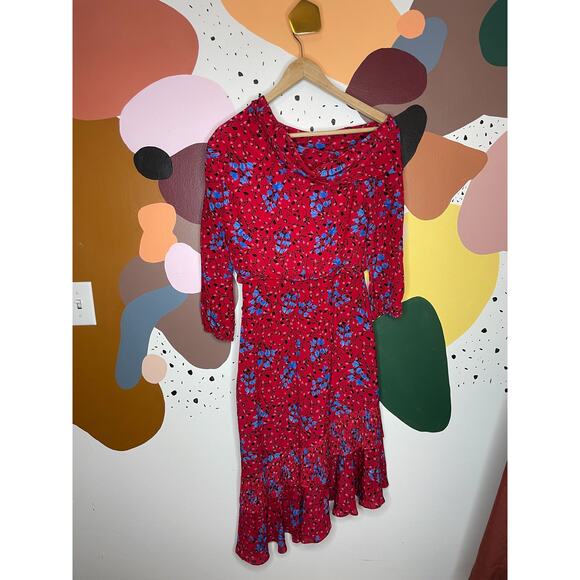 SALONI Lexie Red Floral Asymmetrical Ruffle Pleat Cold Shoulder Silk Dress US 0 - Picture 5 of 10